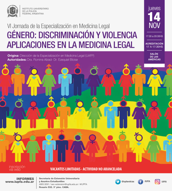 14 DE NOVIEMBRE . VI JORNADA DE LA ESPECIALIZACIÓN EN MEDICINA LEGAL | GÉNERO: DISCRIMINACIÓN Y VIOLENCIA. APLICACIONES EN LA MEDICINA LEGAL . IUPFA